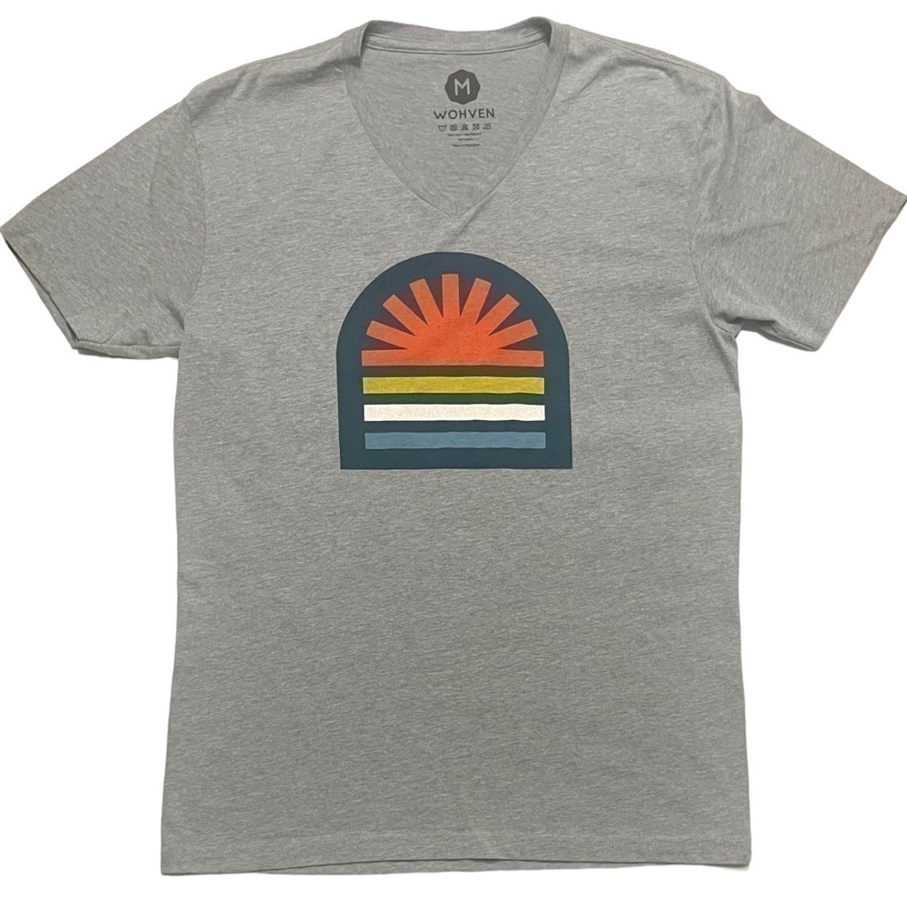 WOHVEN Men’s V Neck T-Shirt Grey with Colorful Graphic Sz Medium May 2022 Design